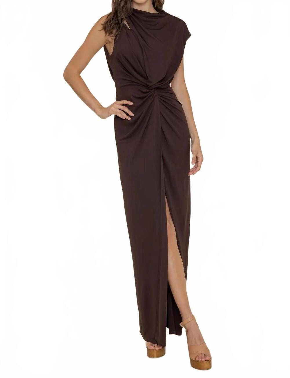 NEW FORE COLLECTION godiva ruched cupro cut out maxi dress in dark chocolate